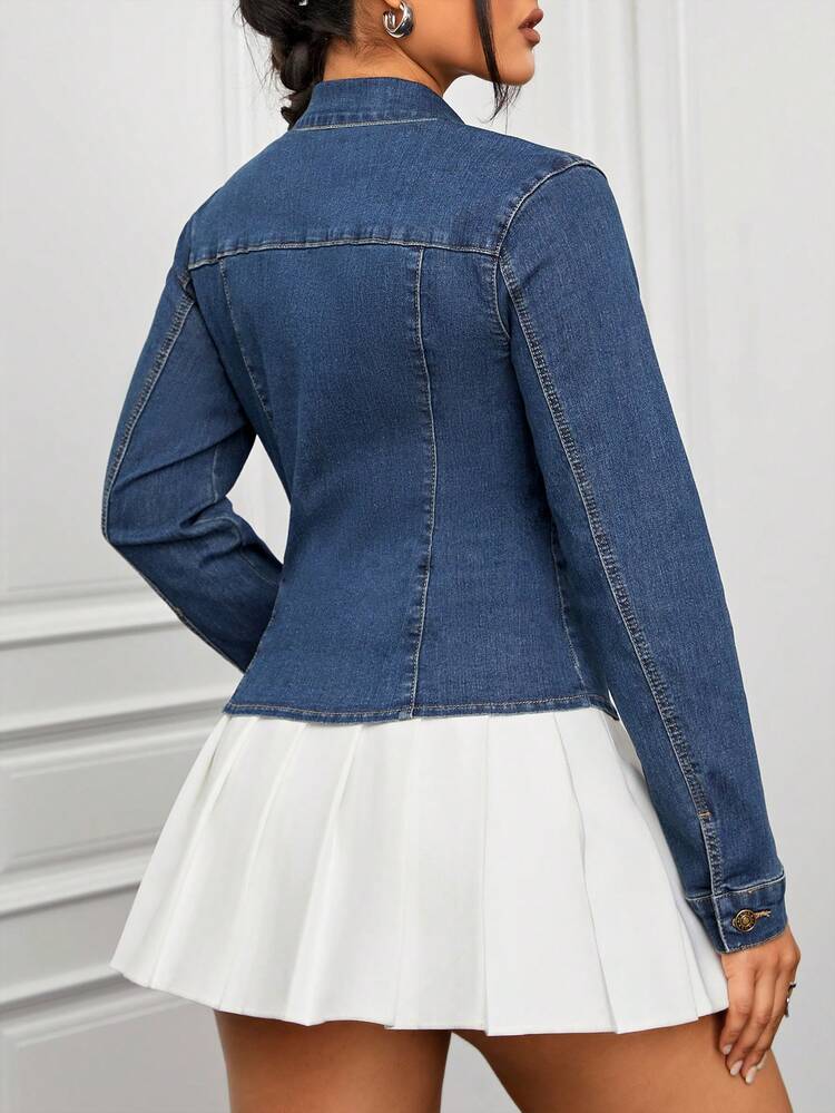 Women's Denim Shirt With Beaded Collar And Long Sleeves