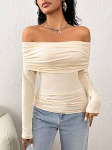 SHEIN EZwear 女士純色不對稱露肩t恤 - 米色 - 查看 3