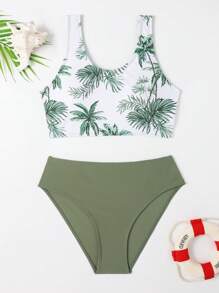少女树形图案比基尼套装夏日海滩