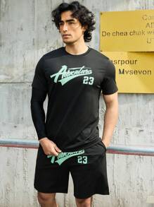 Manfinity Fitness Men's Letter Print Sports Suit, Athletic Suit, Tracksuit Workout Set Gym Set Workout Set - Black - View 3