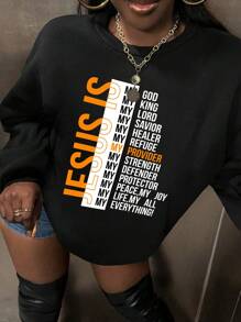 SHEIN EZwear Women's Round Neck Sweatshirt With Letter Print - Black - View 1