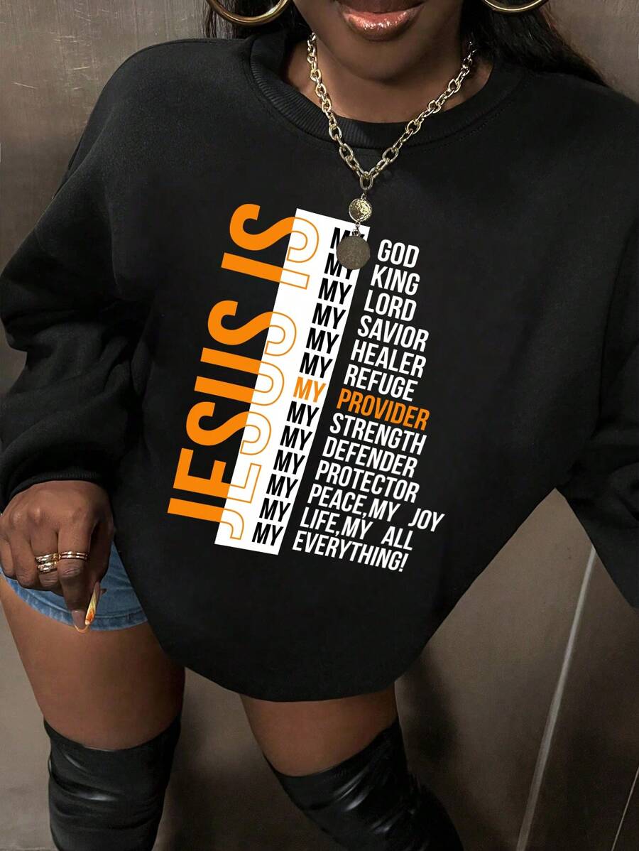 SHEIN EZwear Women's Round Neck Sweatshirt With Letter Print - Black - View 1