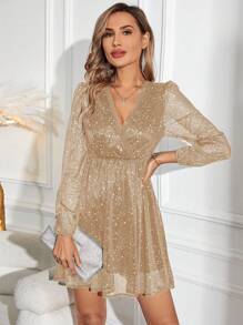 Allurite Women's Wrap Neckline Long Sleeve Dress - Champagne - View 5