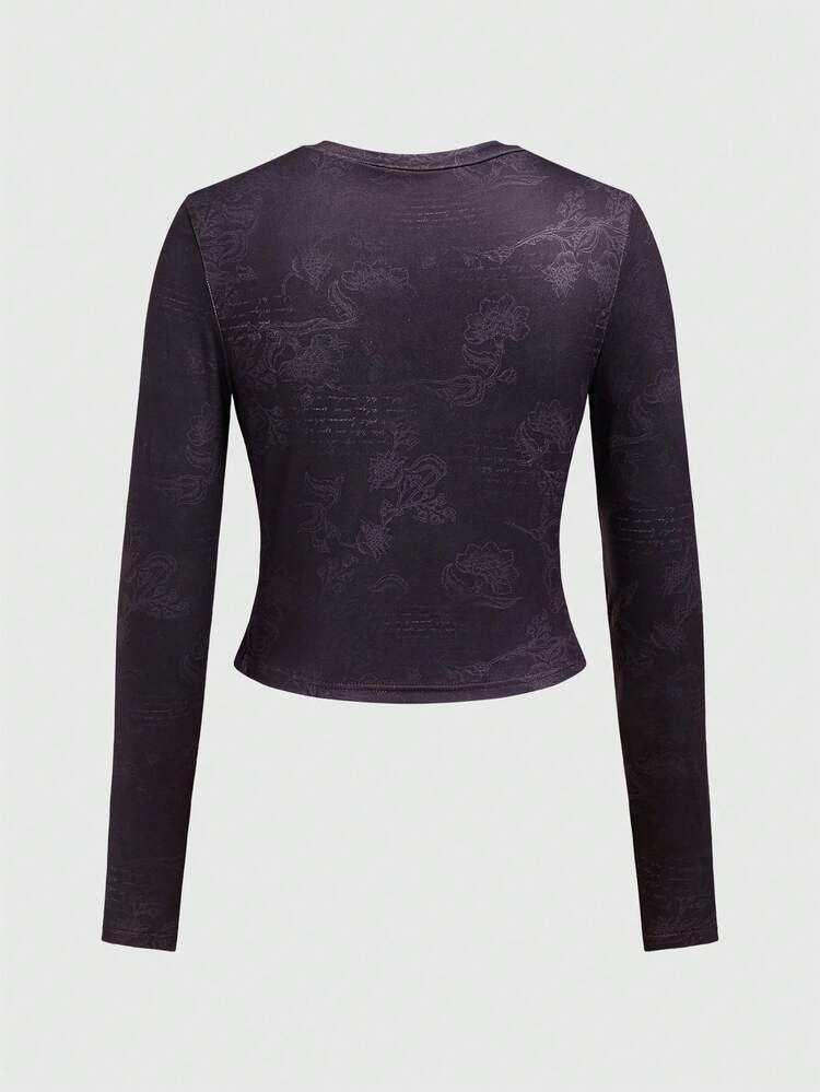Slogan And Floral Printed Long Sleeve Skinny T-shirt
