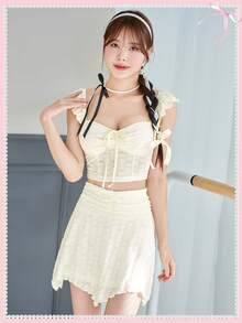 SHEINNeu Balletcore Bow Kawaii Floral Lace Asymmetric Hem Summer Sets Two-Piece Outfit - Apricot - View 7