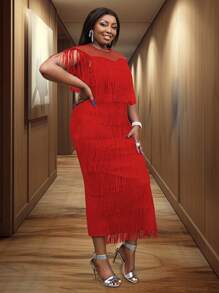 Women Red Fringe See Through Top Cap Sleeve Festival Party Tassel Dresses Midi Length New Year Party Dress - Red - View 5