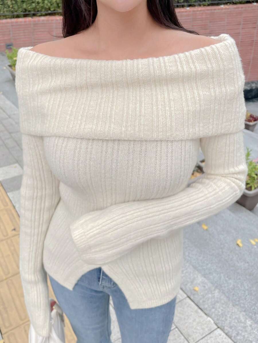 DAZY Của phụ nữ Màu thuần Off Shoulder Áo len - trắng - Xem 1