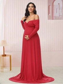 Maternity Off-Shoulder Floor-Length Photography Dress - Burgundy - View 3