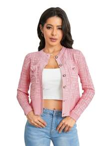 SHEIN Clasi 幾何圖案前紐扣開襟衫 - 粉色 - 查看 1