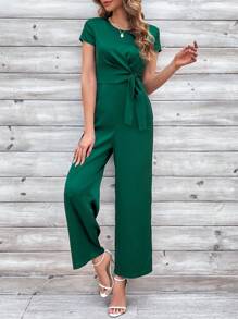 SHEIN Clasi Ladies' Solid Color Belted Jumpsuit - Dark Green - View 6