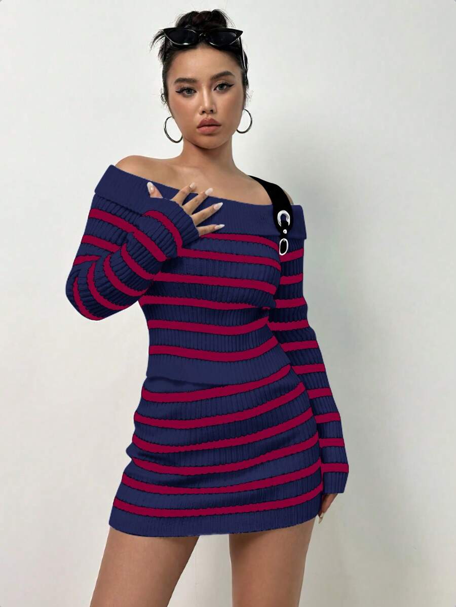 Flirla Của phụ nữ Off Shoulder Tay áo dài Sọc Áo len Và Váy len nửa mảnh Hai chiếc Bộ - Xanh đậm - Xem 1