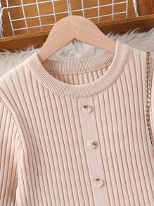 SHEIN Tween Girls' Button Embellished Round Neck Long Sleeve Sweater Dress (Belt Not Included) - Apricot - View 4