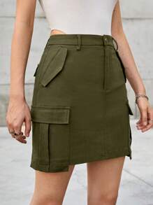 SHEIN EZwear Flap Pocket Side Cargo Skirt - Army Green - View 9