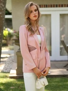 Anewsta Ladies' Lace Patchwork Single Breasted Blazer - Pink - View 4