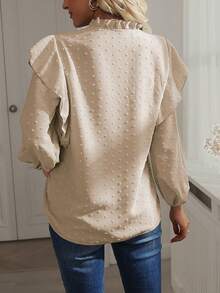 Breezaya Lace Trimmed Notched Neckline Jacquard Blouse,Long Sleeve Tops Fall Cloth For Women - Khaki - View 2