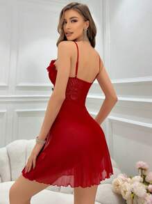 Snug Zone Camisón de vestido de pijama con parches de malla y encaje con adorno de encaje - Rojo - Ver 2