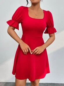 SHEIN PETITE Của phụ nữ Màu thuần Ống tay áo Đầm - Đỏ - Xem 3
