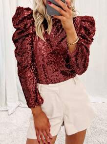 Astylish Classi Glitter Burgundy Mock Neck Ruched Puff Sleeve Sequin Top - Burgundy - View 1