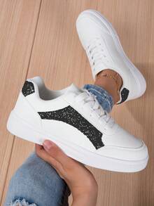 女士黑白系帶輕質皮革拼接平底運動鞋,休閒運動鞋 - 黑與白 - 查看 4