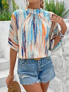 SHEIN VCAY 全身印花掛脖立領帶襯衫 - 彩色 - 查看 2