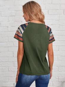 EMERY ROSE Women's Contrast Stripe Raglan Sleeve T-Shirt - Army Green - View 2