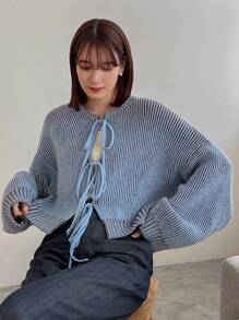 FRIFUL 女士罗纹针织系带开衫、长袖上衣 - 藍色 - 查看 5