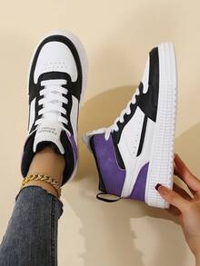 女士時尚高筒運動鞋,簡約色塊街頭風格綁帶運動鞋,舒適輕量紫黑色滑板鞋 - 黑紫色 - 查看 4