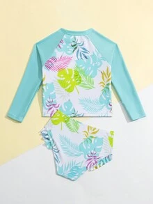年輕女孩植物印花長袖泳衣套裝 - 彩色 - 查看 2