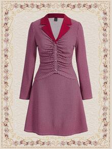 Vintamour Women's Houndstooth Pattern Pleated Long Sleeve Top And Skirt Set - Pink - View 3