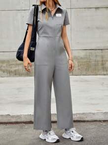 SHEIN EZwear 灰色編織女士連身褲,斜口袋和拉鍊前 - 灰色 - 查看 4