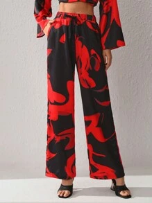 S Essence Drawstring Waist Satin Wide Leg Pants - Multicolor - View 6