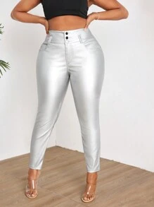 SHEIN ICON Plus Size Made Of Pu Fabric Tight-Fit Pants - Silver - View 1