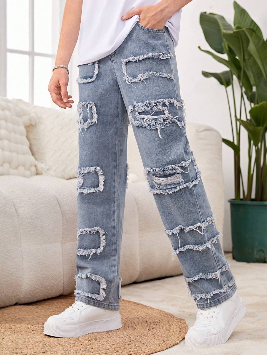 青少年男孩時尚個性化街頭風格拼接破洞牛仔褲 - 淺色水洗藍 - 查看 1