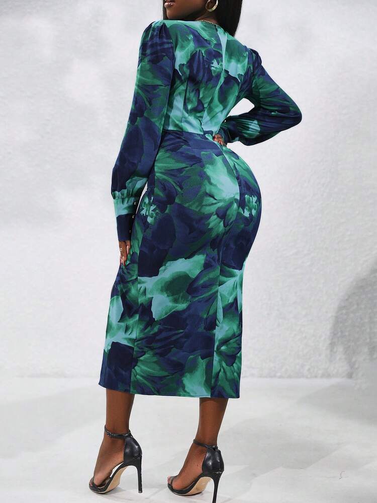 Random Print High Split Hem Dress Fall Cloth For Women