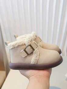 冬季休閒運動風格鬆軟內襯舒適保暖皮質踝靴兒童款 - 米色 - 查看 3