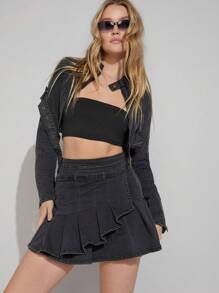 Denimoi Conjunto De Chaqueta Corta De Mezclilla Con Cremallera Frontal Y Falda De Mezclilla Con Decoración De Correa Para Mujer