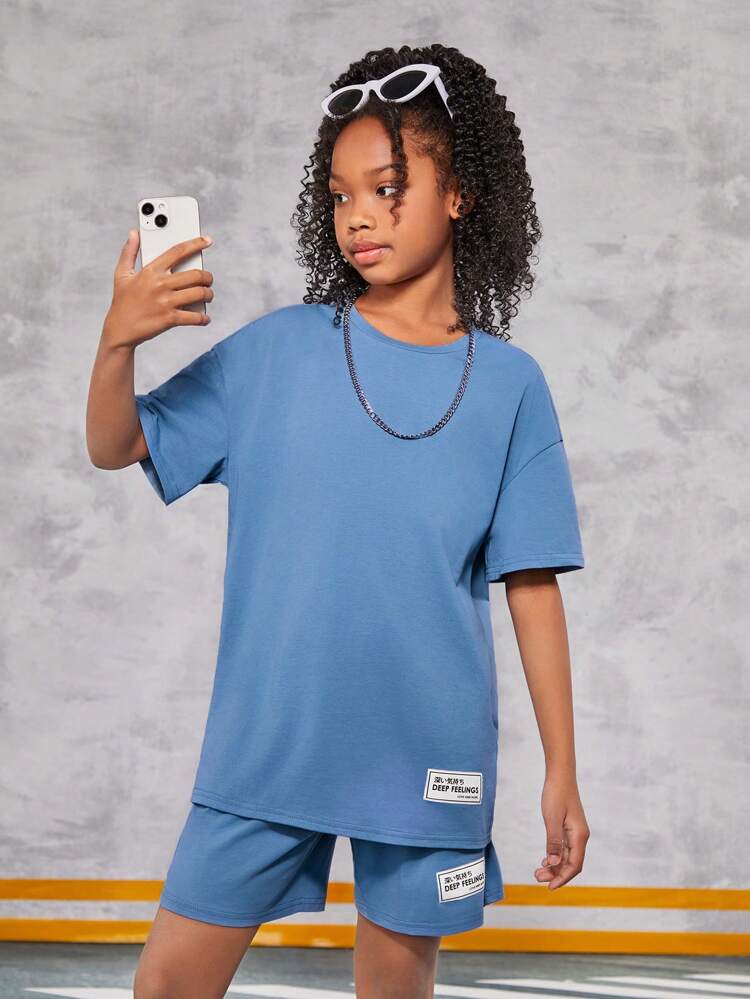 Tween Girls' Casual Knit Round Neck Short Sleeve Top And Shorts Set For Daily Wear