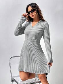 Flirla Vestido Suéter De Moda Con Cintura Ajustada - Gris - Ver 3