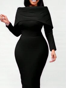 Maweii Plus Size Women's Fold-Over Collar Bodycon Dress - Black - View 4