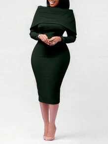 Maweii Plus Size Women's Foldover Collar Bodycon Dress - Dark Green - View 4