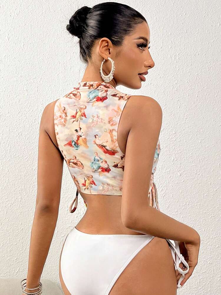 Women's Stand Collar Drawstring Side Swimwear Top Music Festival Summer