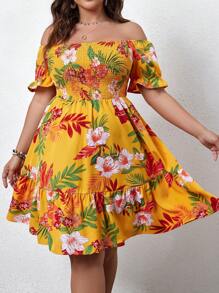 Sunnyshic 大码女式波西米亚风植物印花露肩连衣裙，适合夏季 - 黃色 - 查看 5