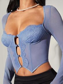 SHEIN BAE 情人節緊身胸衣上衣 迷人夏季上衣 藍色上衣 性感上衣 - 霧霾藍 - 查看 6