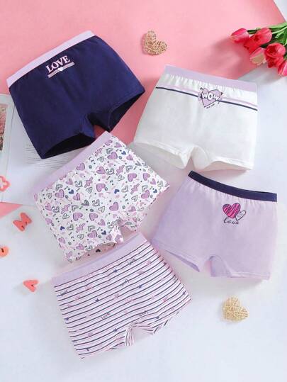 5pcs/Pack Tween Girl Heart Navy All White Purple Print American Retro Style Cute Cowgirl Multipack Underwear Winter Girls Night