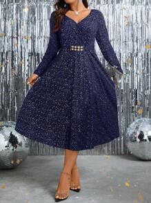 SHEIN Clasi Vestido Con Cinturón Y Purpurina De Talla Grande - Azul Marino - Ver 5
