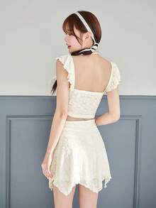 SHEINNeu Balletcore Bow Kawaii Floral Lace Asymmetric Hem Summer Sets Two-Piece Outfit - Apricot - View 2