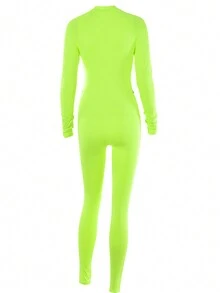 Long Sleeve Zipper Up Sexy Contrast Trim Bodycon Tight Unitard Jumpsuit - Green - View 2