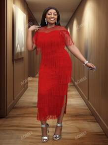 Robe mi-longue avec Top transparent à franges rouges, manches courtes, pour festival et fête