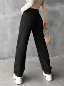 SHEIN Cottnline Ladies Solid Color Straight Leg Jeans - Black - View 2
