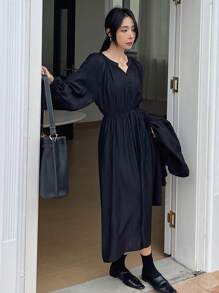 DAZY Notched Neckline Lantern Sleeve Dress - Navy Blue - View 5